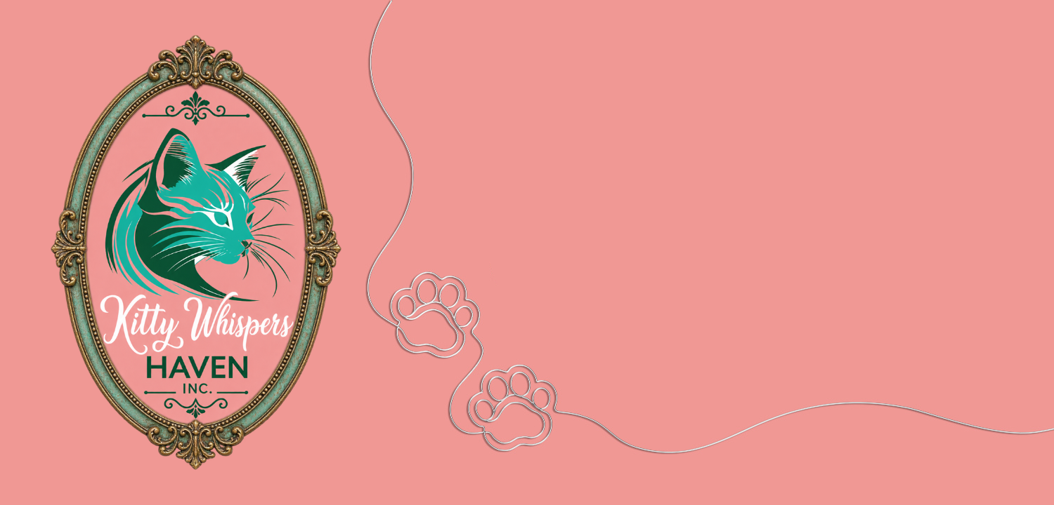 Kitty Whispers Haven logo in an ornate frame with a paw print trail